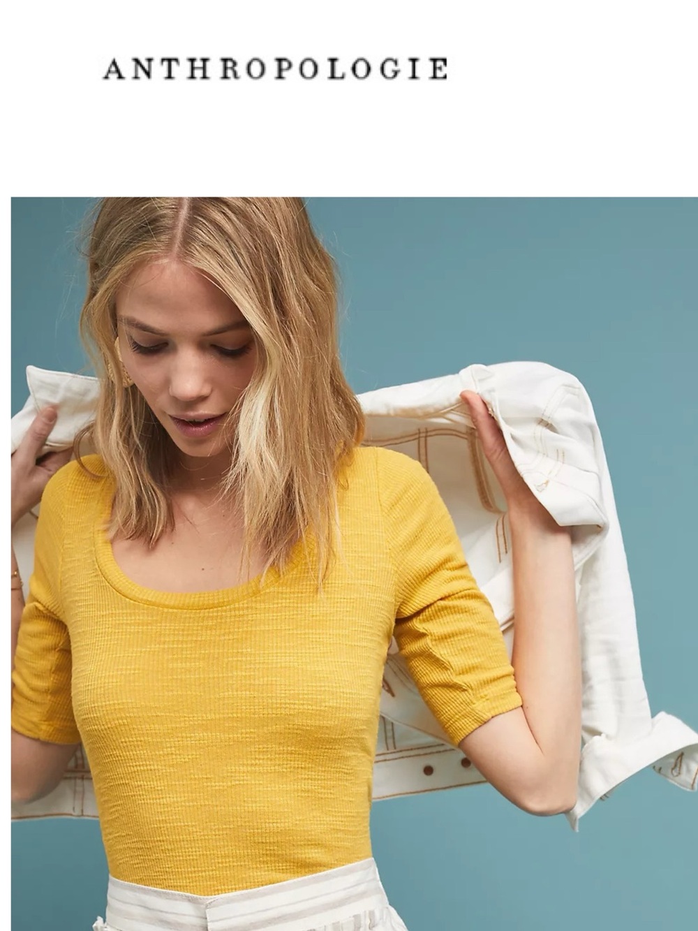 Anthropologie Golden Yellow Ribbed Scoop-Neck Short Sleeve Top
